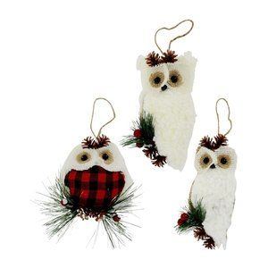 Set of 3 White Buffalo Check Rustic Farmhouse Christmas Owl Ornaments